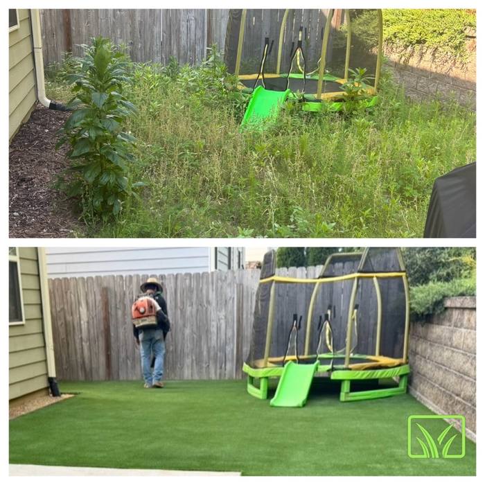 Before and after: overgrown yard transformed into turf play area