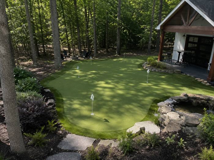 Aerial view of wooded backyard putting green