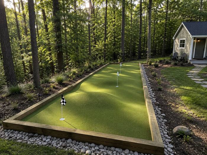 Bordered putting and bocce green in wooded yard