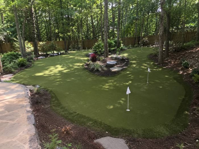Aerial putting green with landscaped island bed